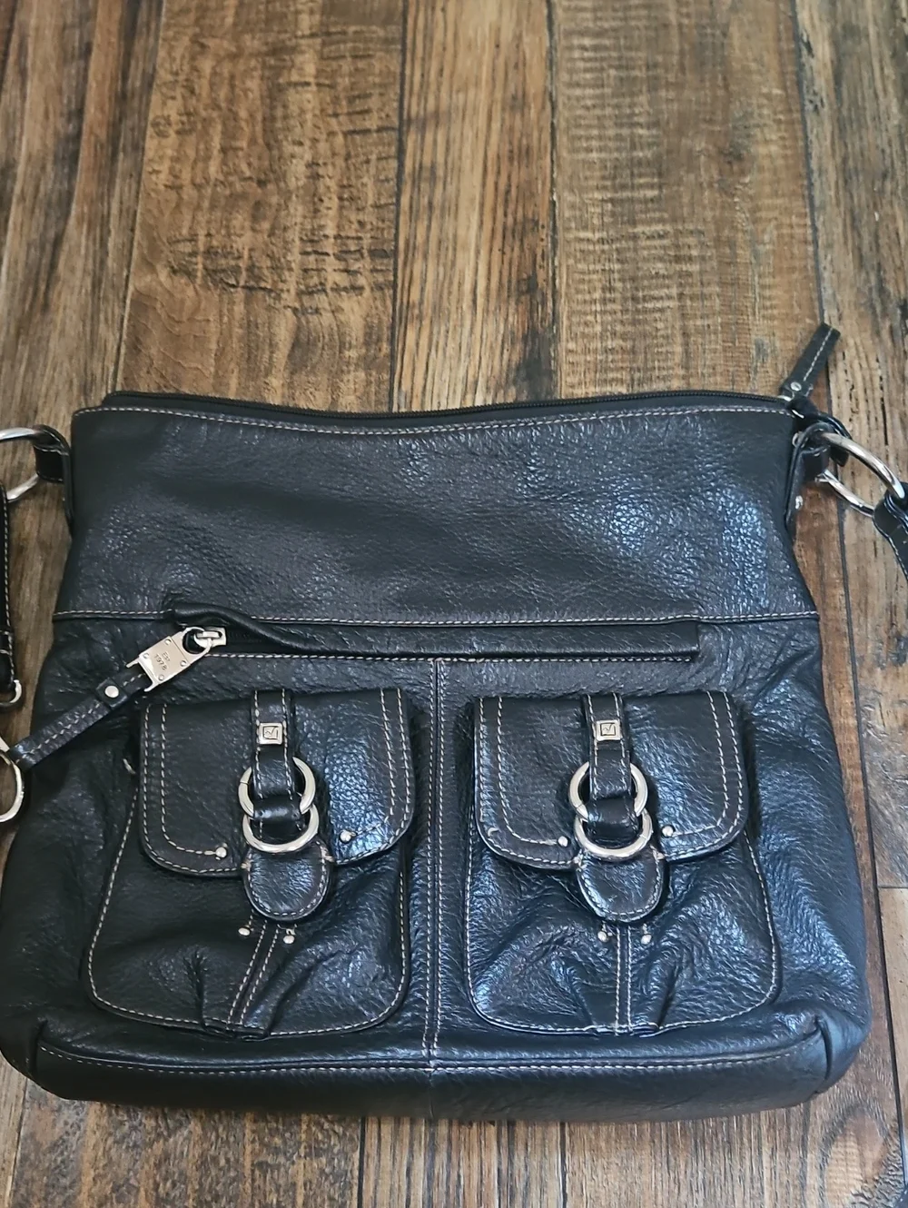Stone Mountain Black Pebbled Leather Hobo Crossbody Bag with Dual Front‎ Pockets